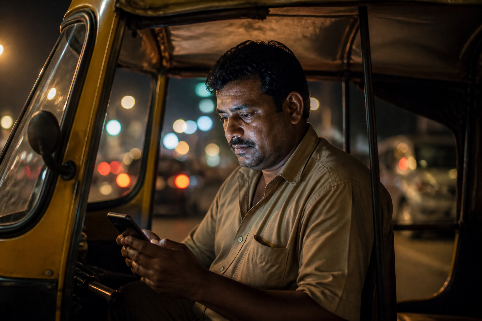 Auto driver checking a smartphone at night