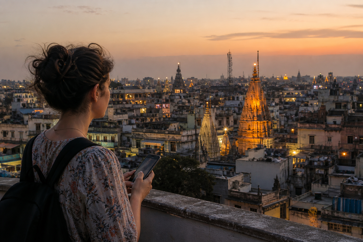 Visitor overlooking a city at dusk